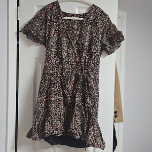 BB Dakota Black Floral V-Neck Tunic with Pink & Green Blooms